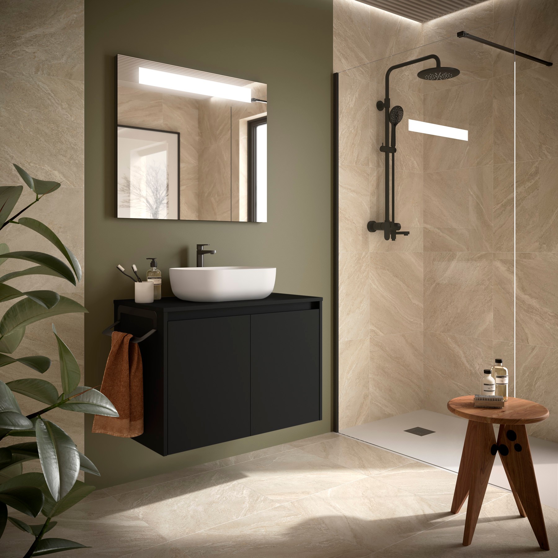 Badezimmermöbel NOJA 800 2 Türen BLACK SATIN + Waschtisch-Platte