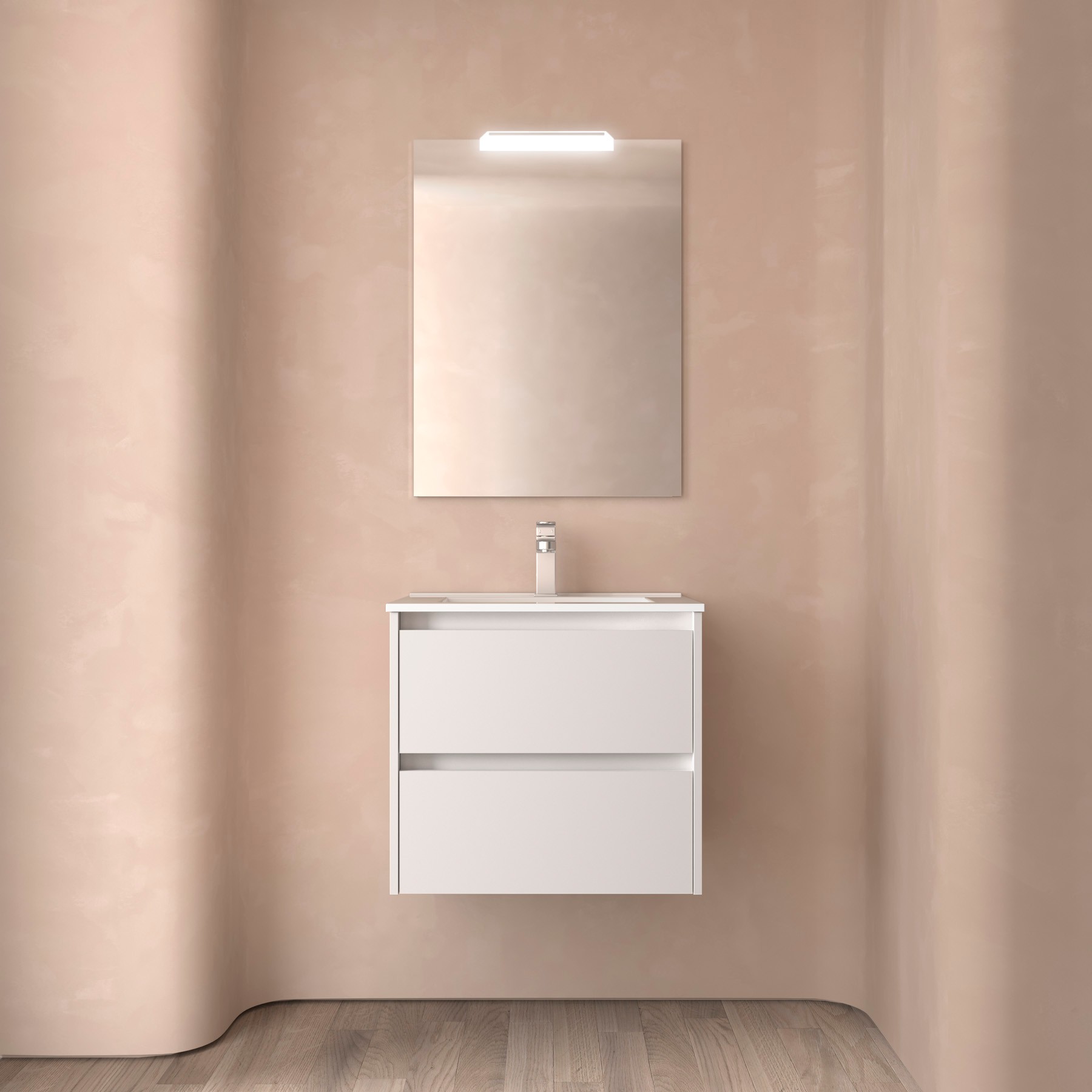 Badezimmermöbel NOJA 600 2 Schubladen WHITE SATIN + Waschtisch + Spiegel + Leuchte