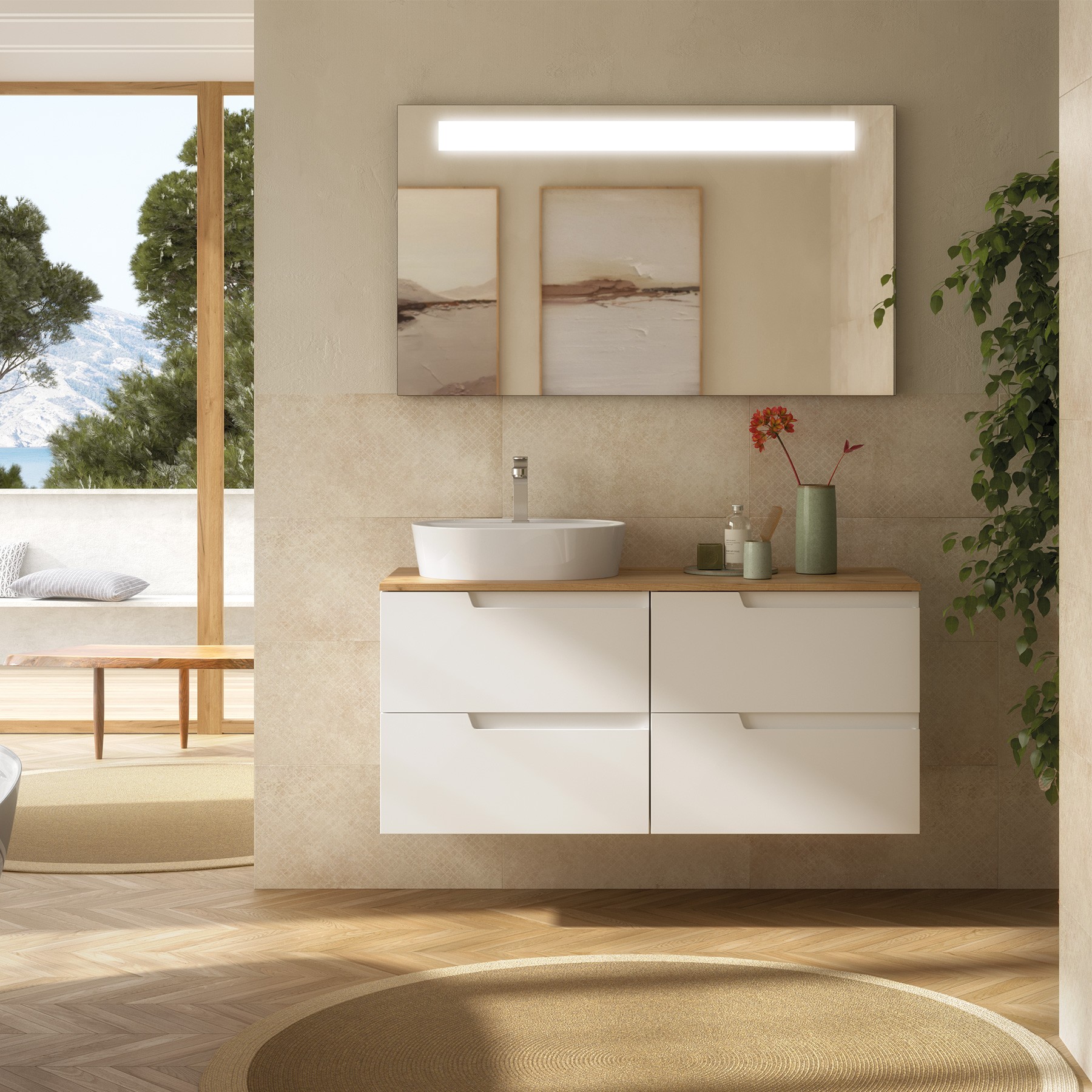 Badezimmermöbel VIMA 1200 WHITE SATIN + Waschtisch-Platte EICHE AFRIKA