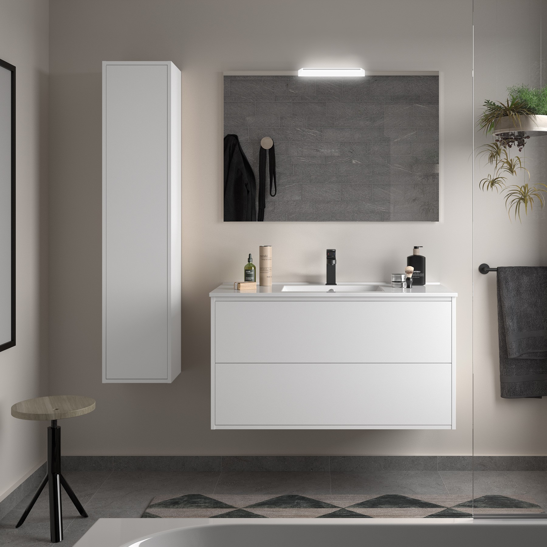 Badezimmermöbel OPTIMUS 1000 WHITE SATIN + Waschtisch