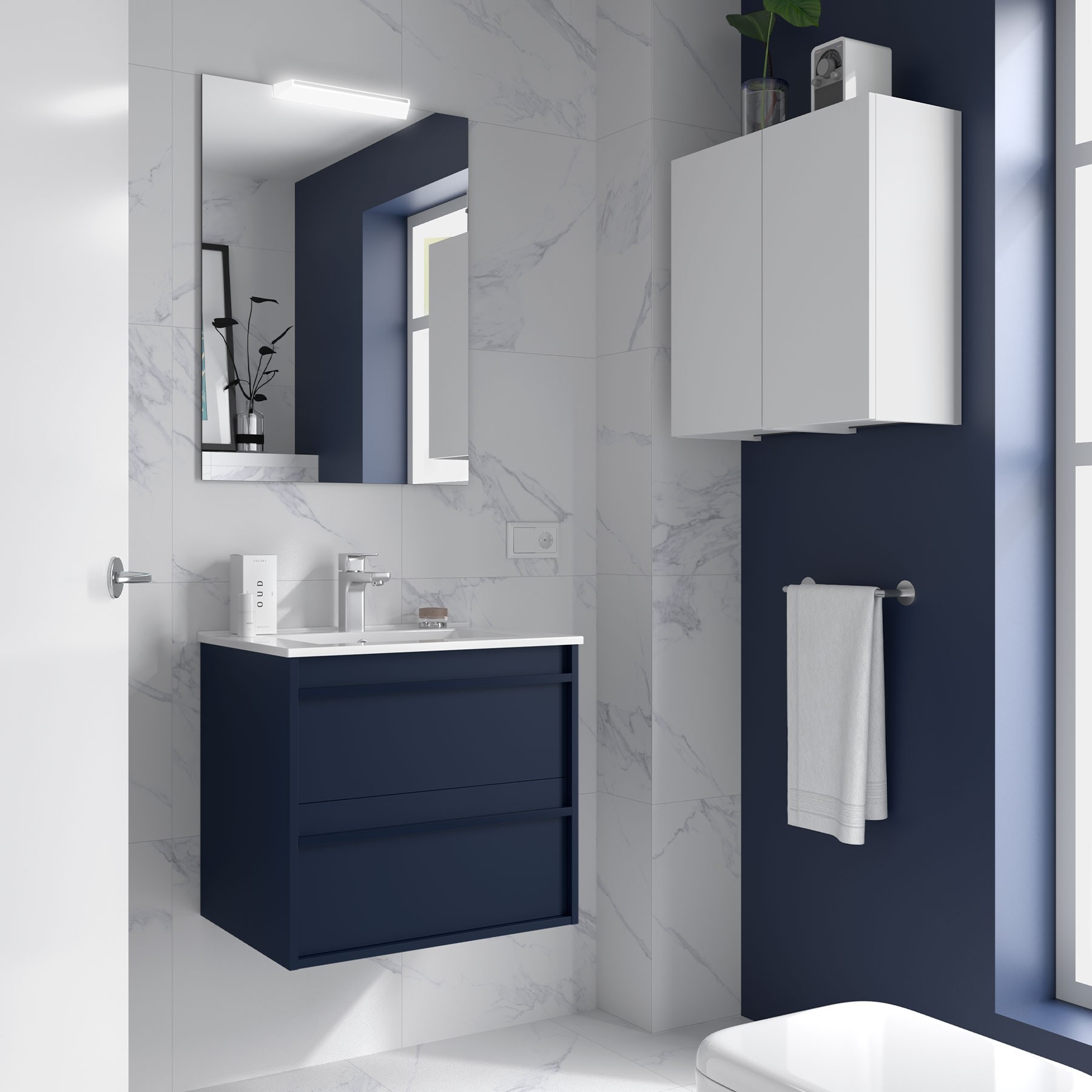 Badezimmermöbel ATTILA 600 2 Schubladen BLUE SATIN + Waschtisch