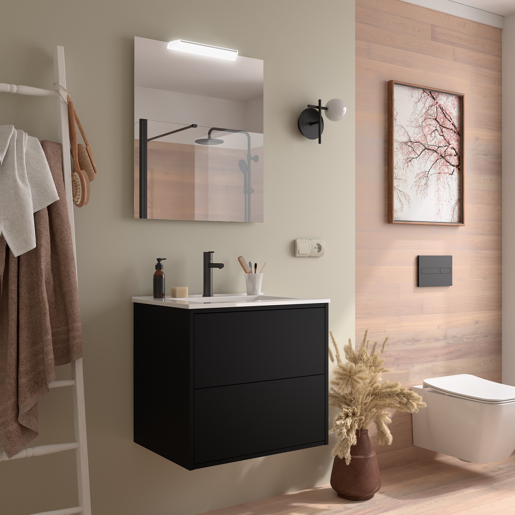 Badezimmermöbel OPTIMUS 600 BLACK SATIN + Waschtisch