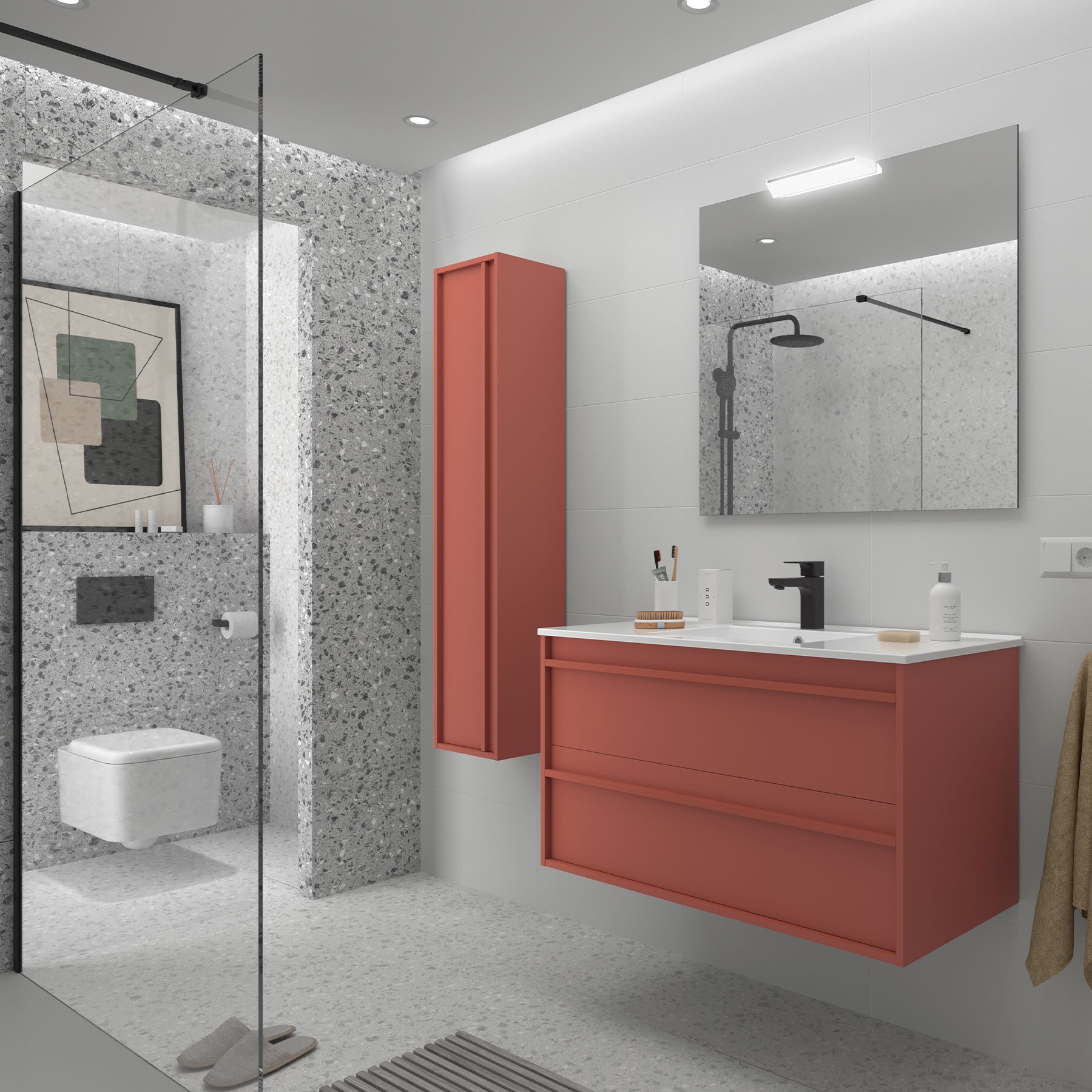 Badezimmermöbel ATTILA 1000 2 Schubladen RED SATIN + Waschtisch