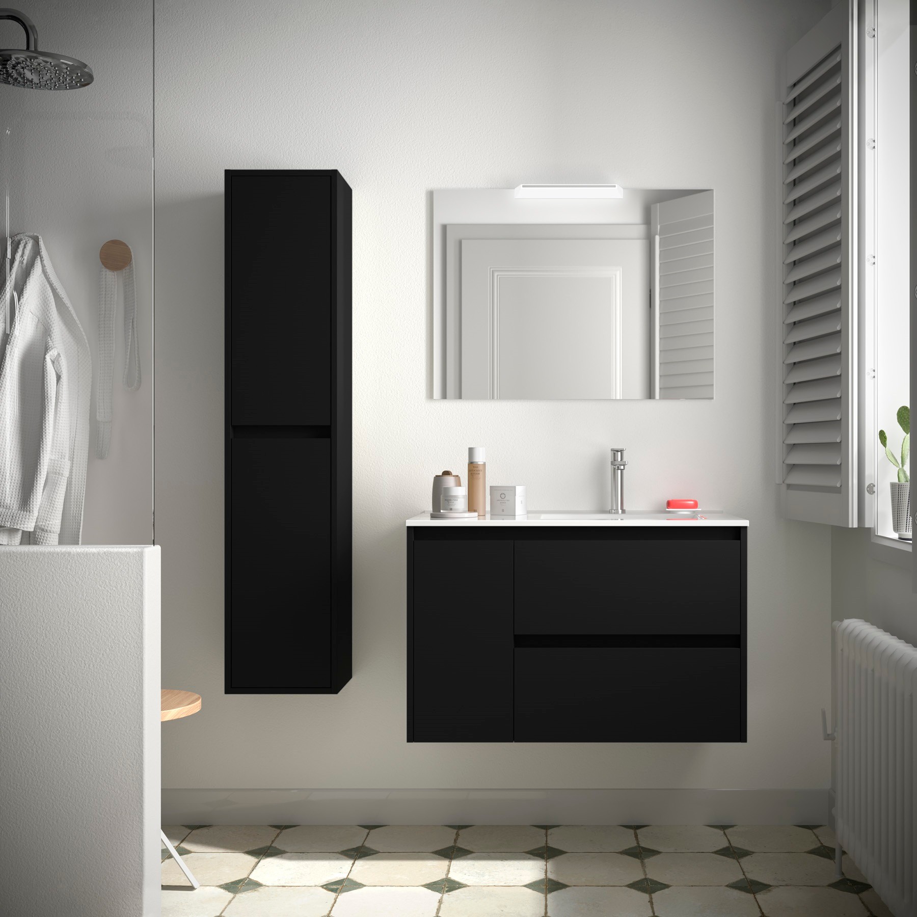 Badezimmermöbel NOJA 850 2 Schubladen und 1 linke Tür BLACK SATIN + Waschtisch + Spiegel + Leuchte