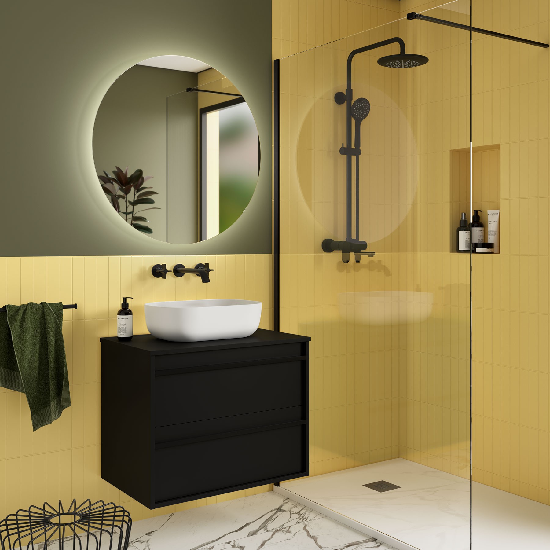 Badezimmermöbel ATTILA 700 2 Schubladen BLACK SATIN + Waschtisch-Platte