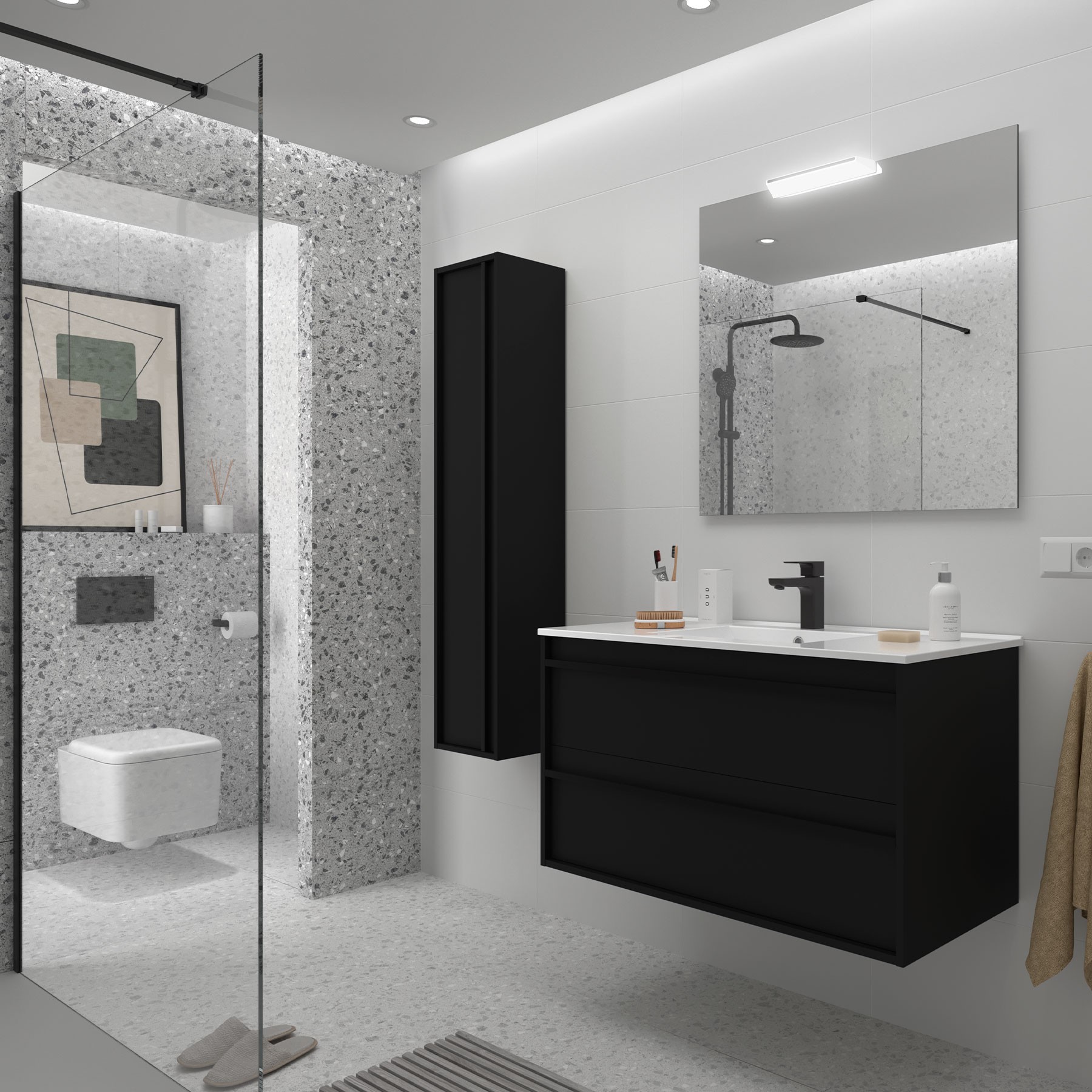 Badezimmermöbel ATTILA 1000 2 Schubladen BLACK SATIN + Waschtisch