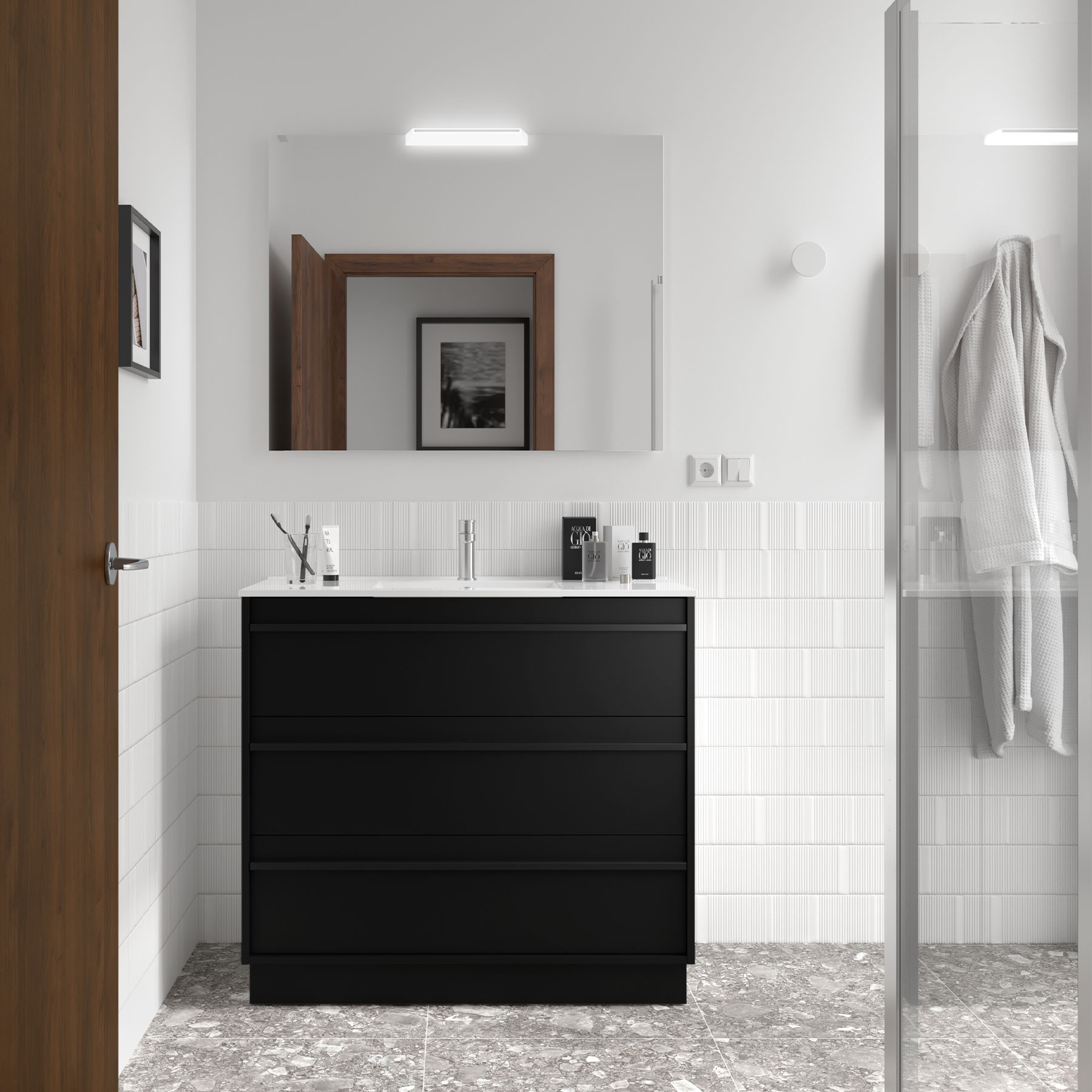 Badezimmermöbel ATTILA 1000 3 Schubladen BLACK SATIN + Waschtisch