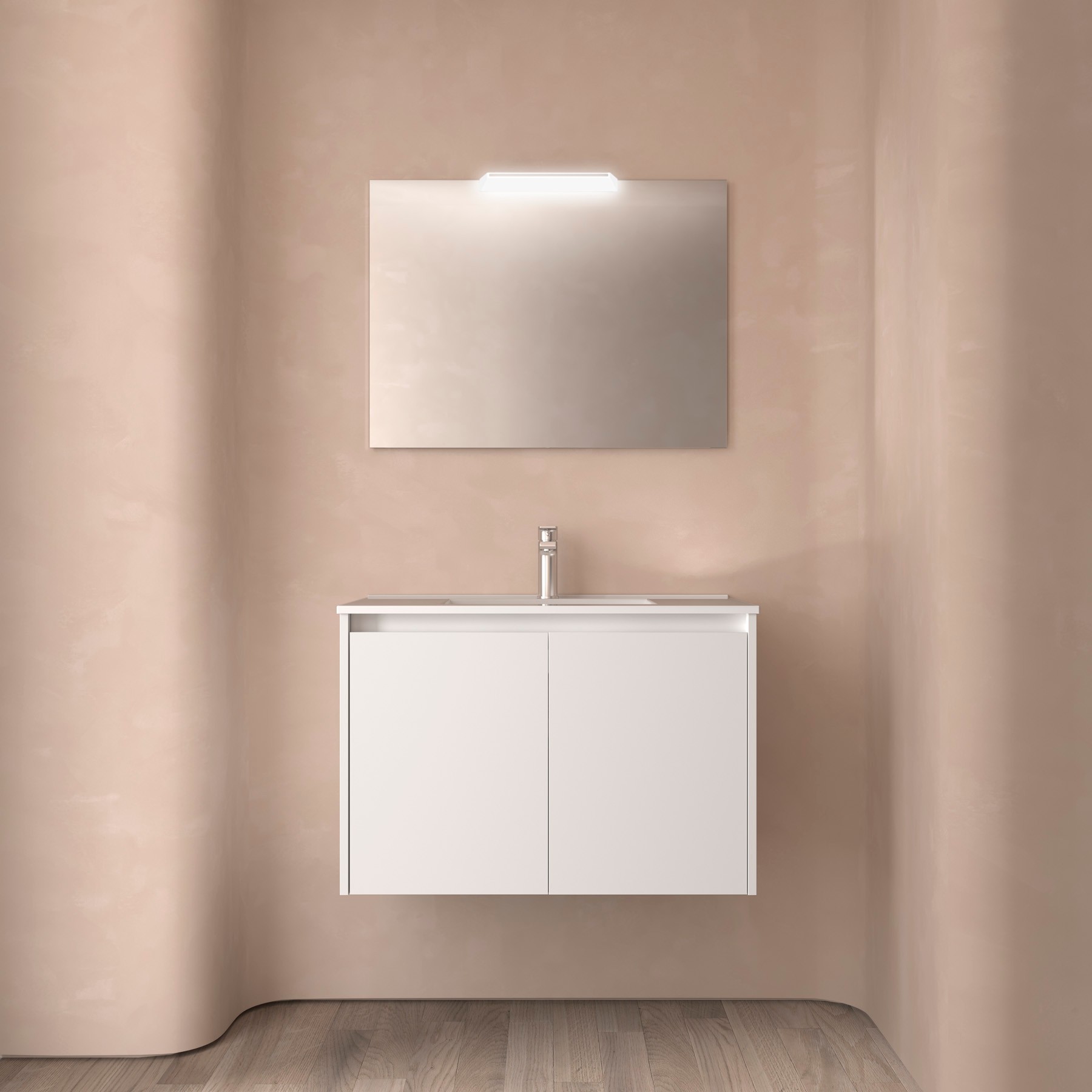 Badezimmermöbel NOJA 800 2 Türen WHITE SATIN + Waschtisch + Spiegel + Leuchte