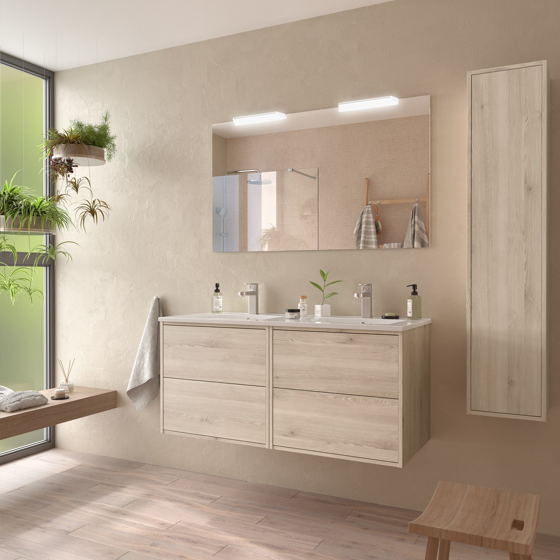 Badezimmermöbel OPTIMUS 1200 NATURAL + Waschtisch + Spiegel + Leuchte