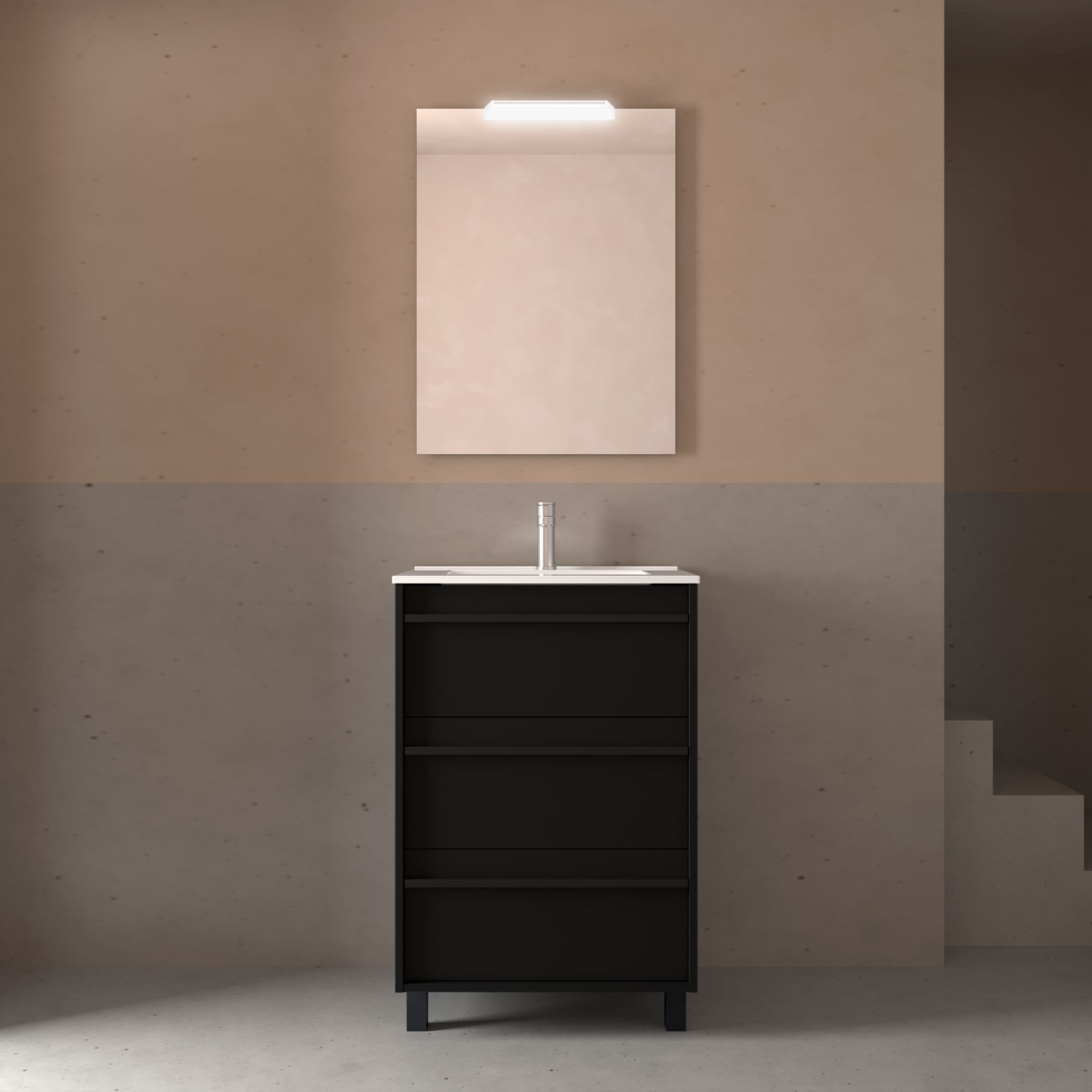 Badezimmermöbel ATTILA 600 3 Schubladen BLACK SATIN + Waschtisch