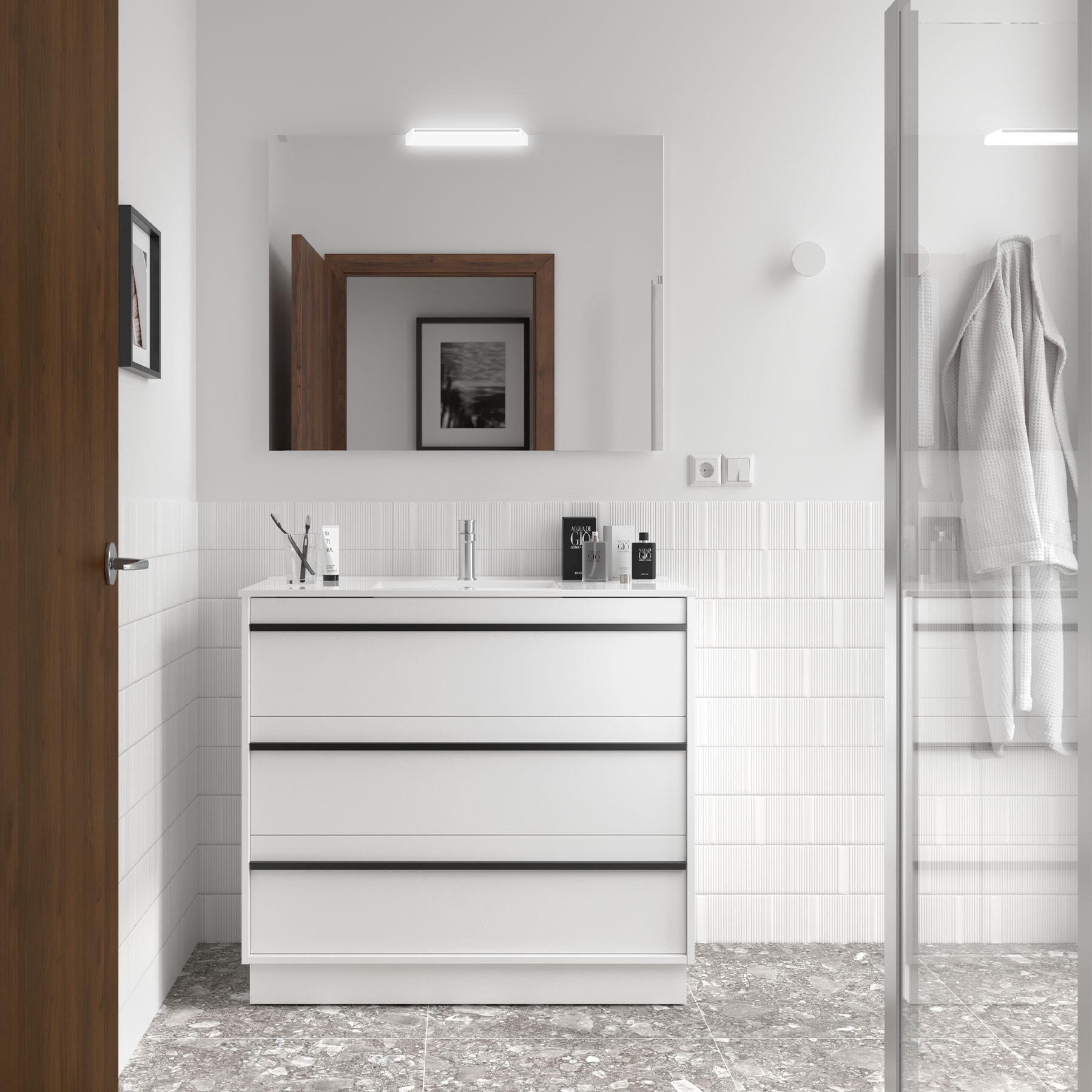 Badezimmermöbel ATTILA 1000 3 Schubladen WHITE SATIN + Waschtisch