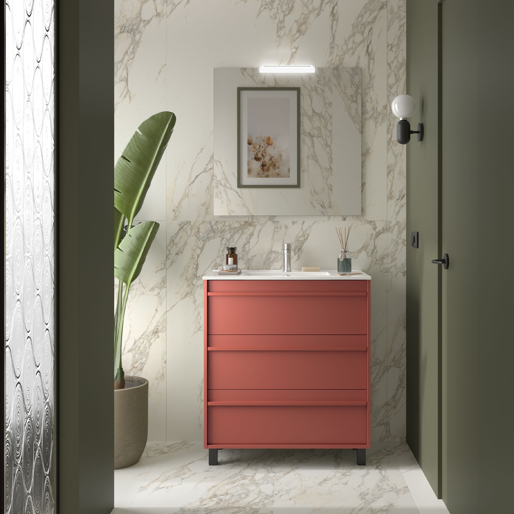 Badezimmermöbel ATTILA 800 3 Schubladen RED SATIN + Waschtisch