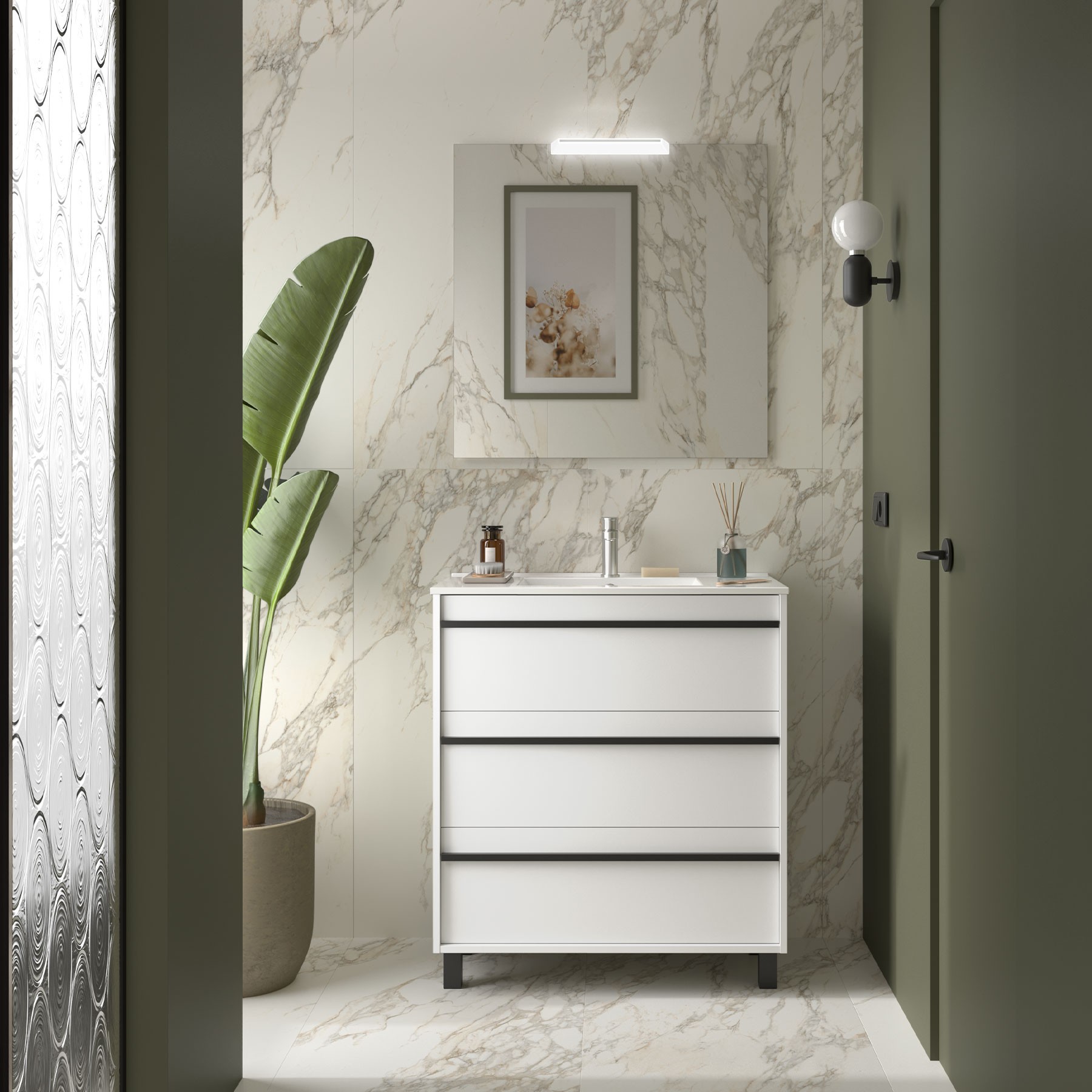 Badezimmermöbel ATTILA 800 3 Schubladen WHITE SATIN + Waschtisch