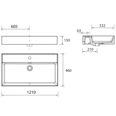 Waschtisch VENETO 1210 PORZELLAN WEIß ohne Siphon und Clickerabfluss ohne bohrungen 1210 x 120 x 460 mm