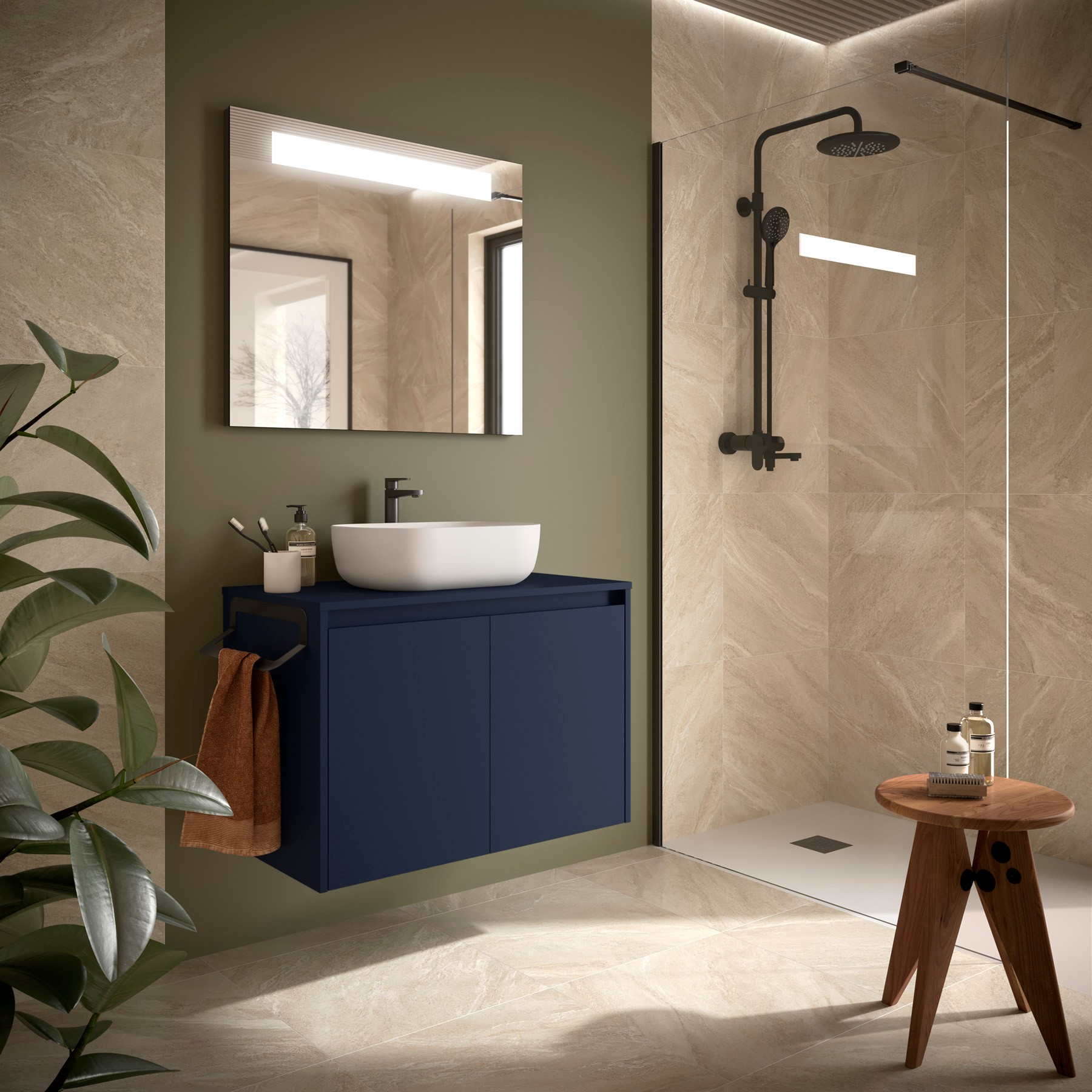 Badezimmermöbel NOJA 800 2 Türen BLUE SATIN + Waschtisch-Platte