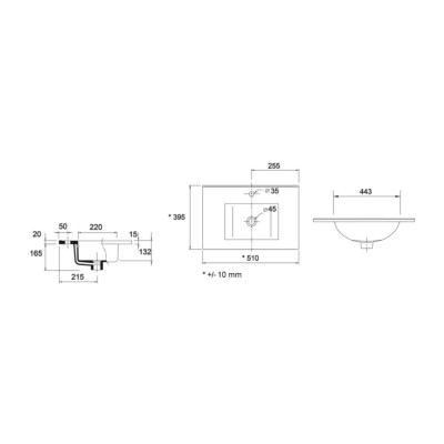 Waschtisch Tiefe 40 IBERIA 510 PORZELLAN WEIß 510 x 20 x 395 mm