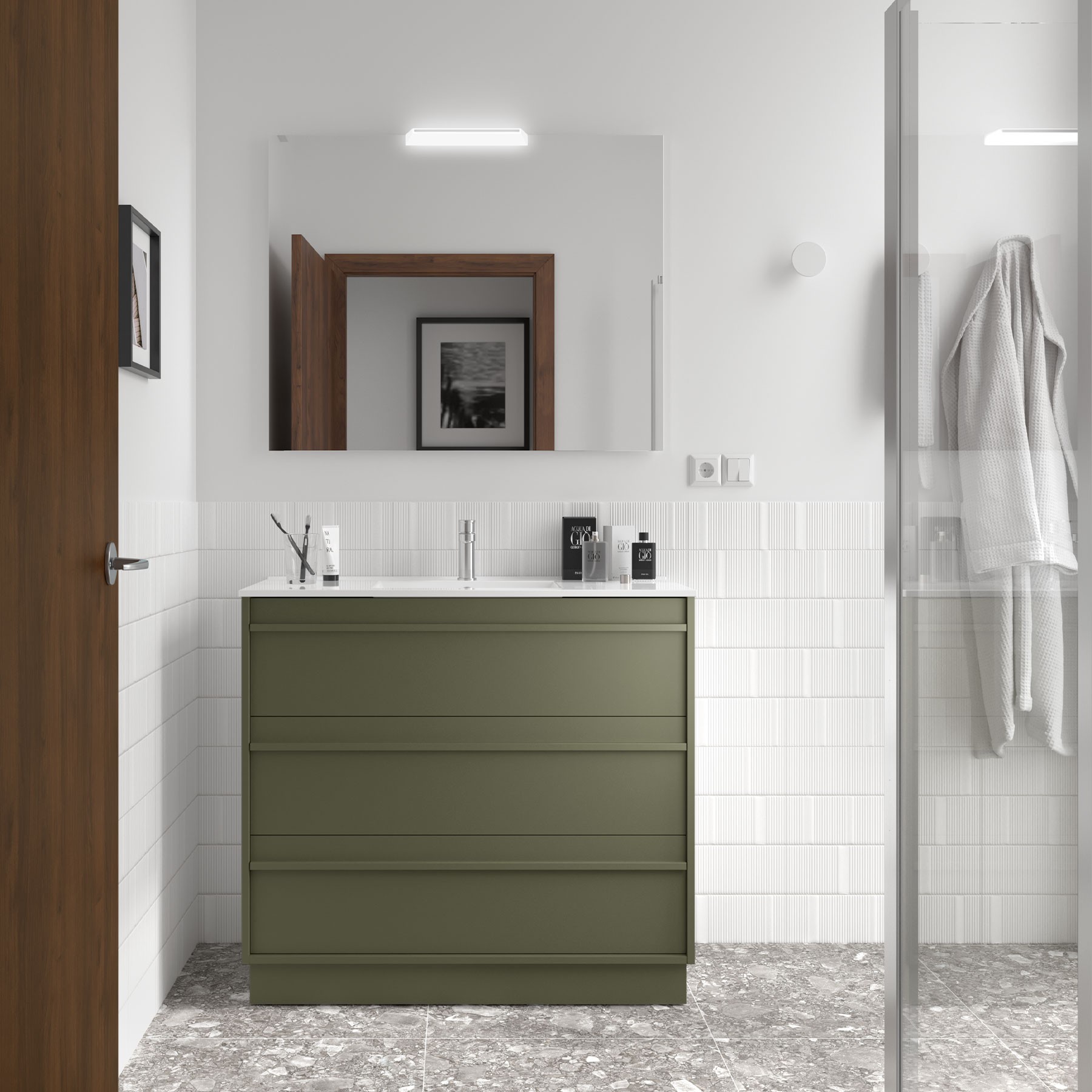 Badezimmermöbel ATTILA 1000 3 Schubladen GREEN SATIN + Waschtisch