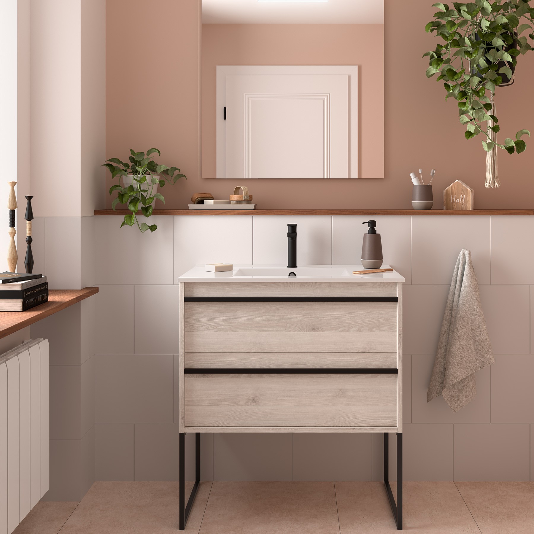 Badezimmermöbel ATTILA 800 2 Schubladen NATURAL + Waschtisch
