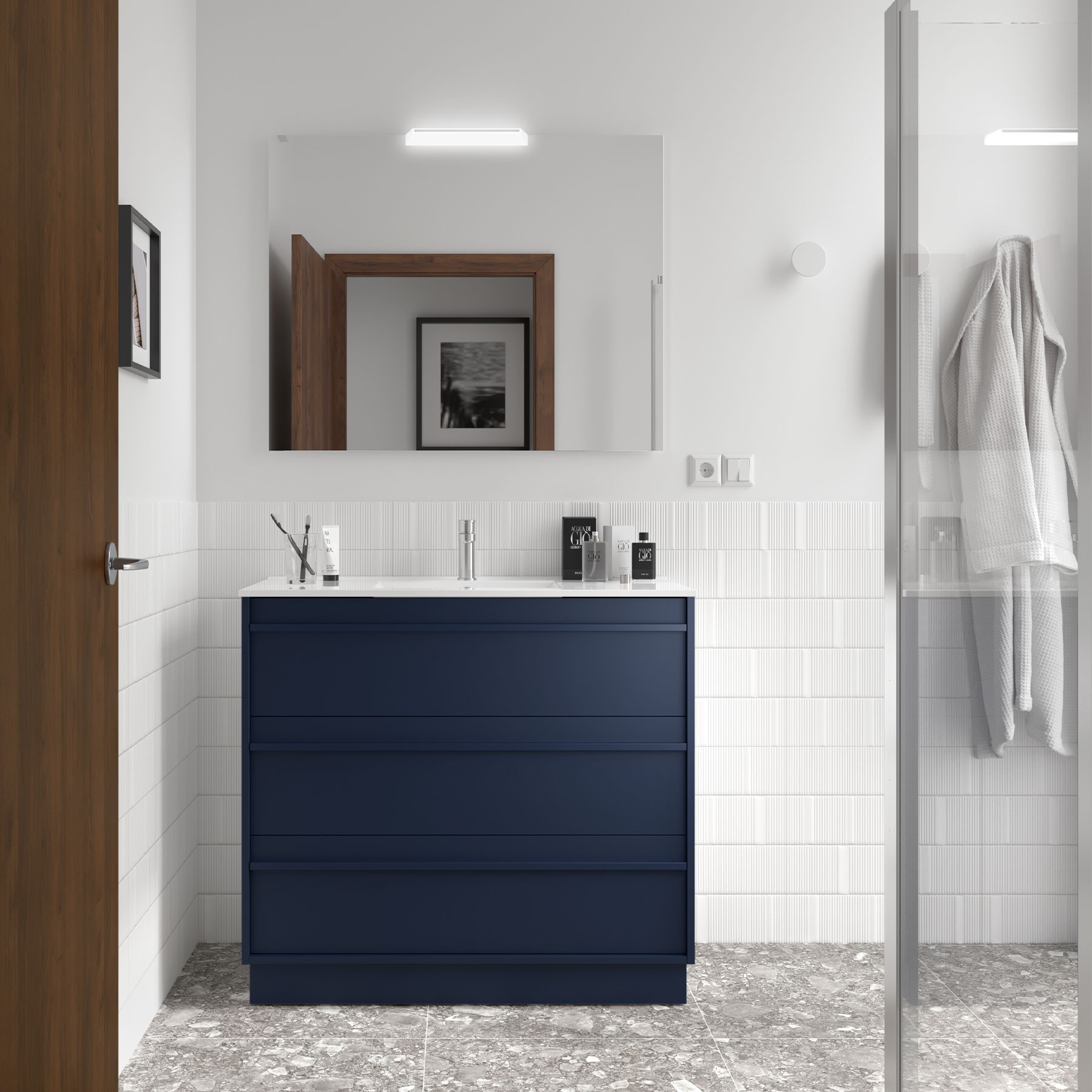Badezimmermöbel ATTILA 1000 3 Schubladen BLUE SATIN + Waschtisch