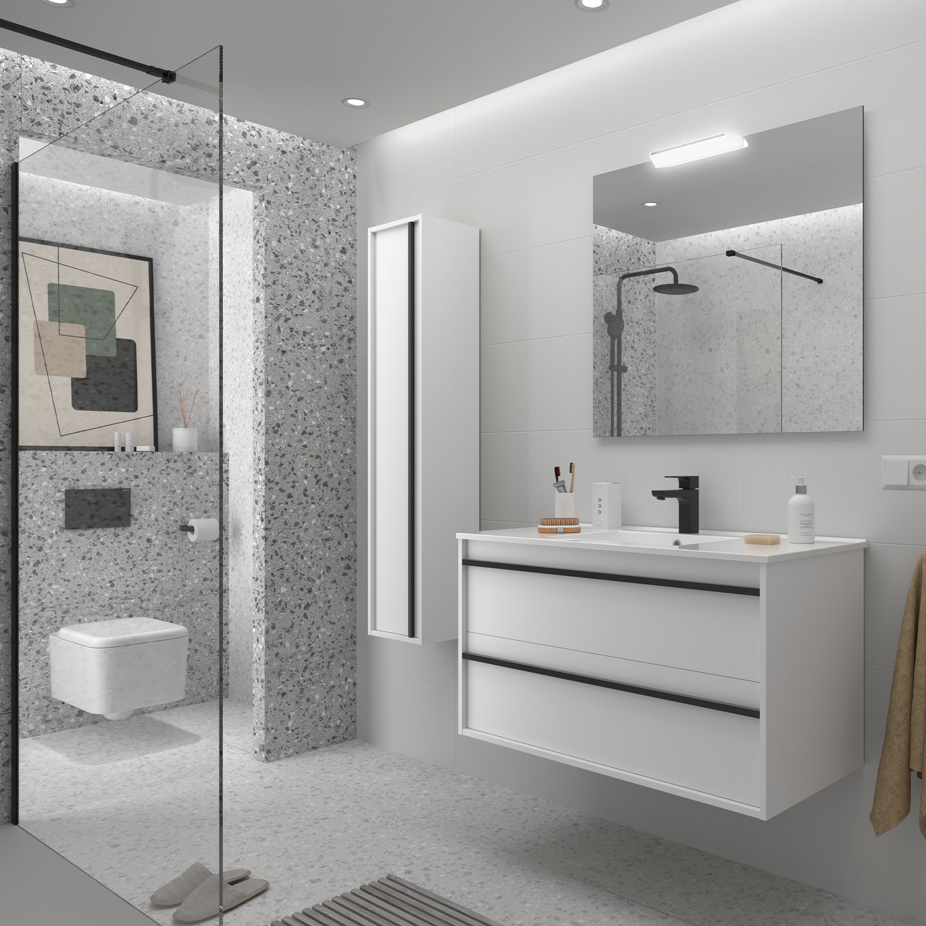 Badezimmermöbel ATTILA 1000 2 Schubladen WHITE SATIN + Waschtisch