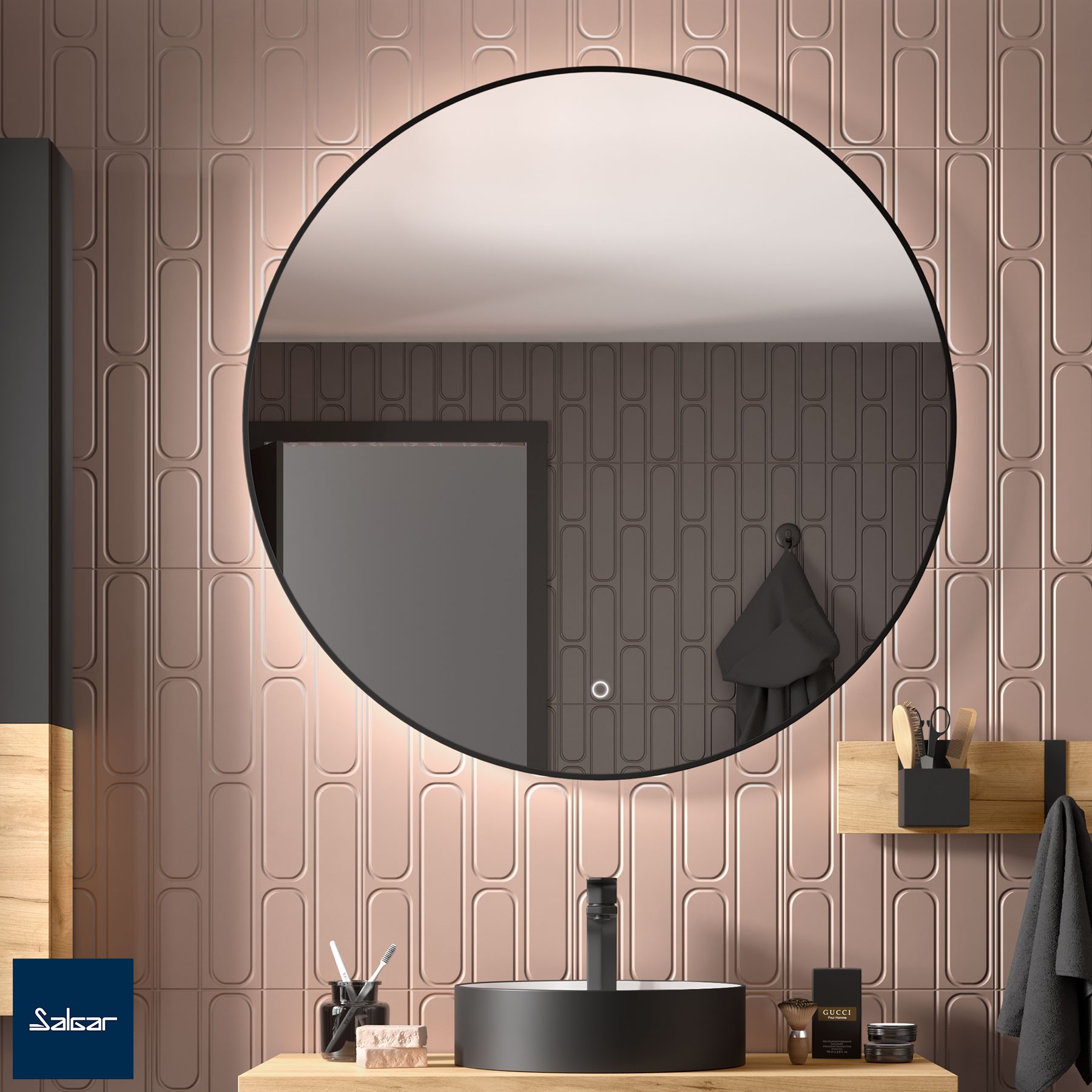 Spiegel GLOBE 600 Runder Wandspiege, mit LED-leuchte (12 W- 5700ºK) IP 44 SCHWARZ Ø 600 mm