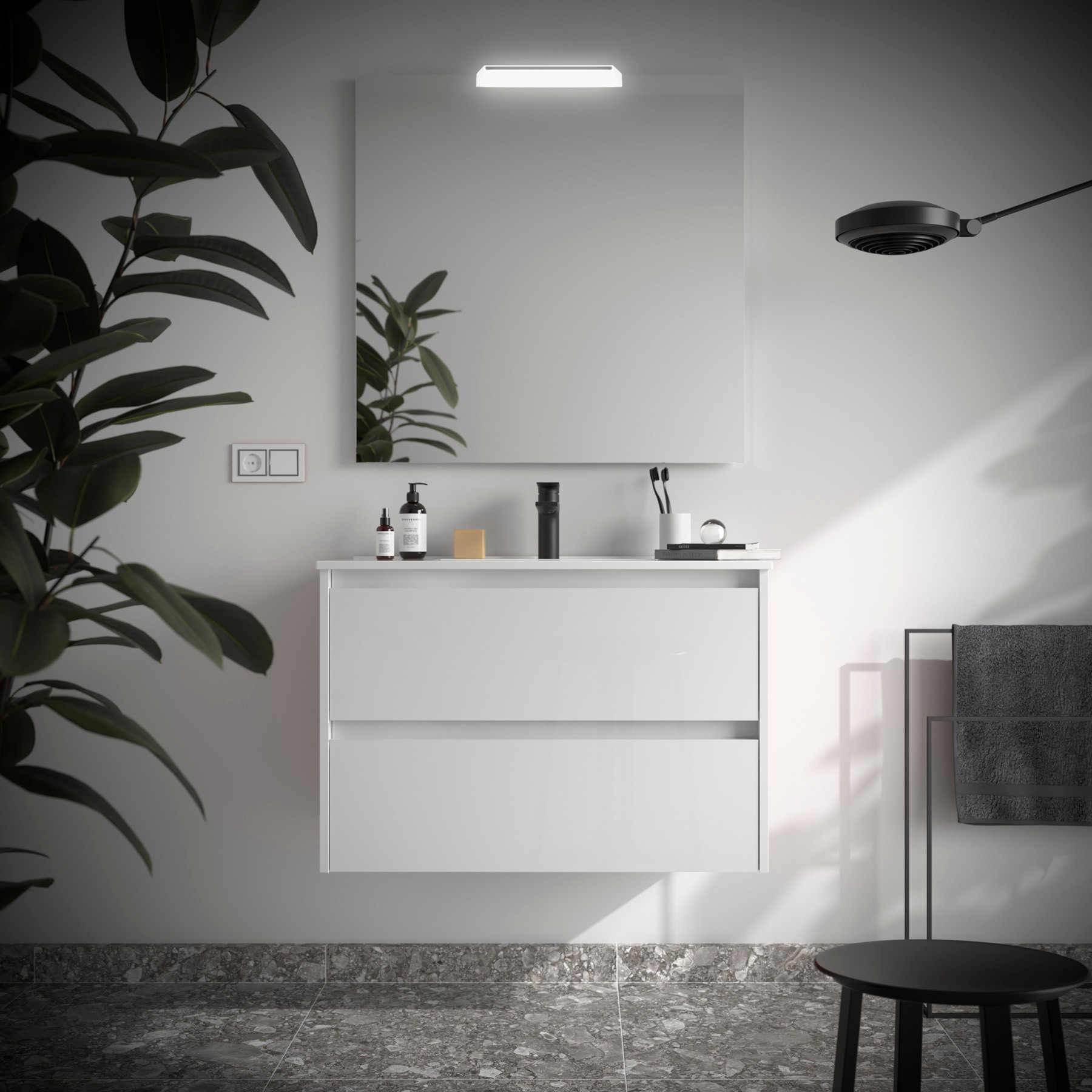 Badezimmermöbel NOJA 800 2 Schubladen WHITE GLOSS + Waschtisch + Spiegel + Leuchte