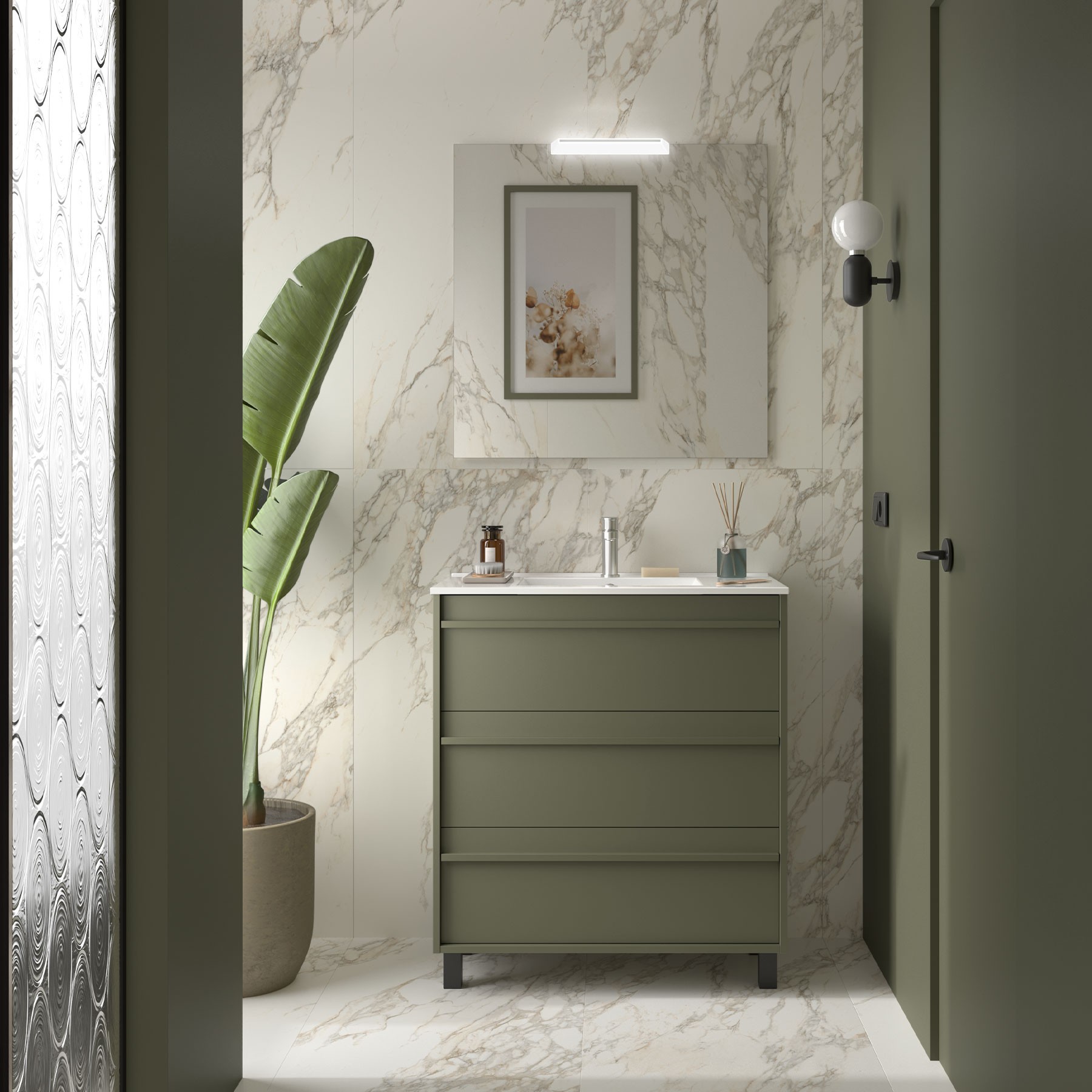 Badezimmermöbel ATTILA 800 3 Schubladen GREEN SATIN + Waschtisch