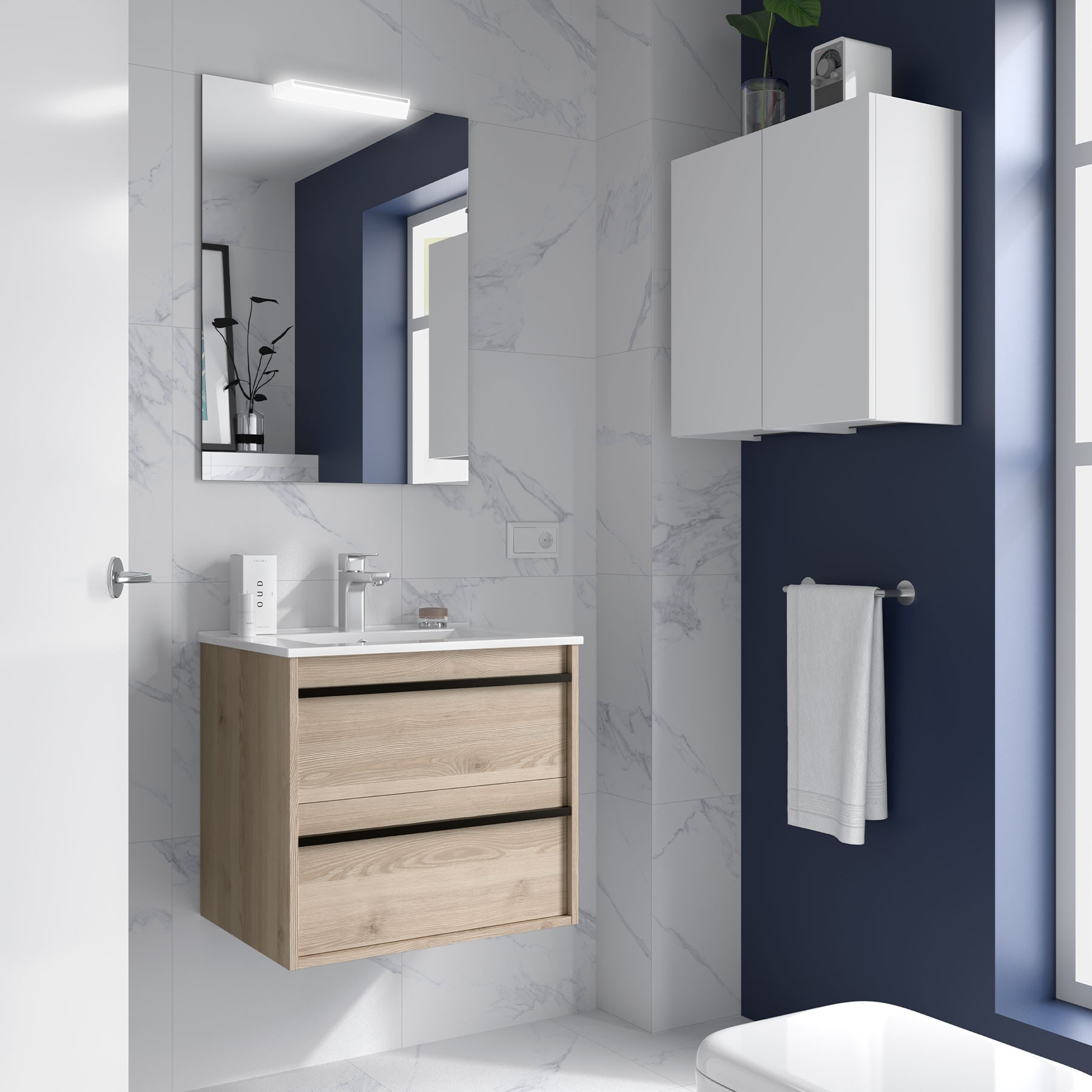 Badezimmermöbel ATTILA 600 2 Schubladen NATURAL + Waschtisch