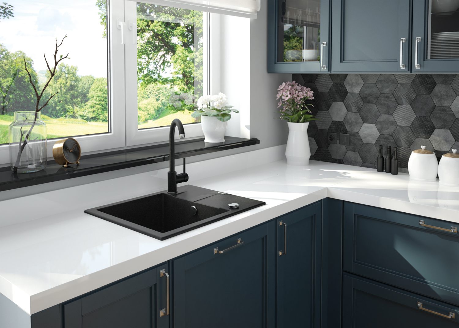 Andante - Granitspülbecken, 1-Becken mit Abtropffläche